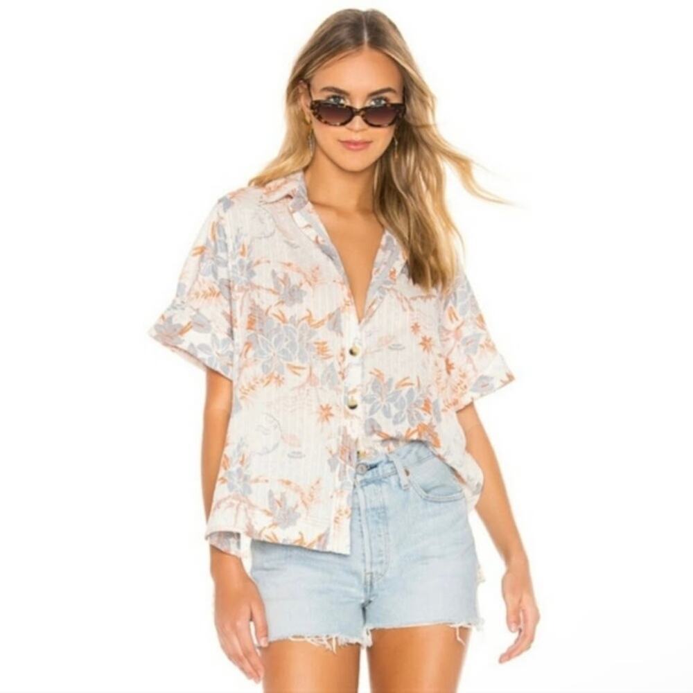Free People Floral Button-Down Shirt in White, Light Blue & Tan